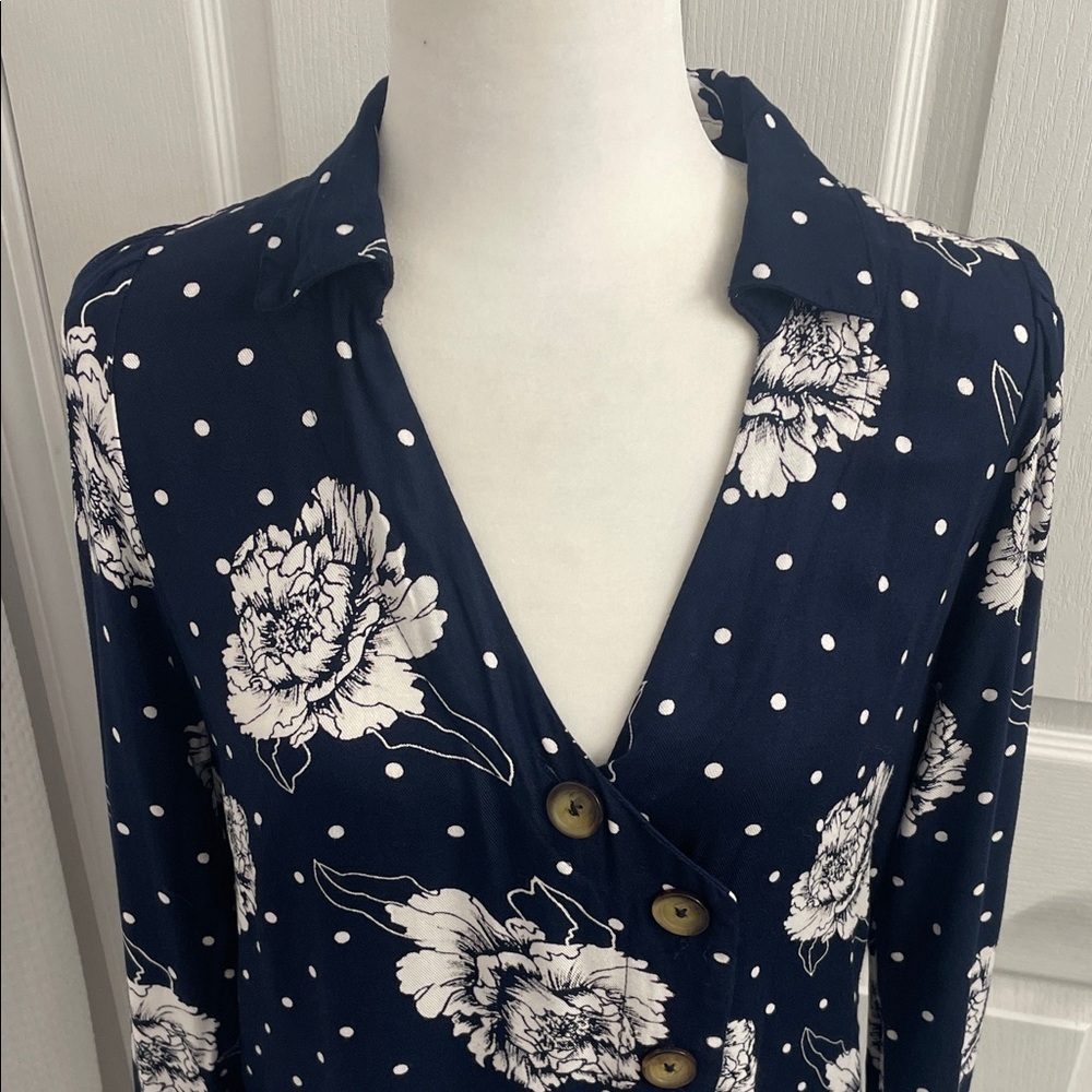 Kaffe Floral Button-Down Navy Wrap Dress V Neck Long Sleeve Button Cuffs Sz 34EU - Picture 3 of 16